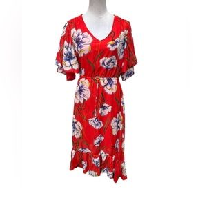 Baku Floral Print dress w/ hi/low hem & Drawstring / Color: Red / Size: Small